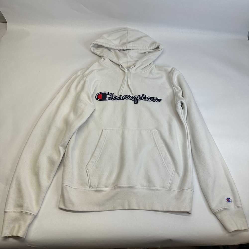 Champion White Pullover Hoodie Chenille Script Logo Fleece Sweatshirt Small